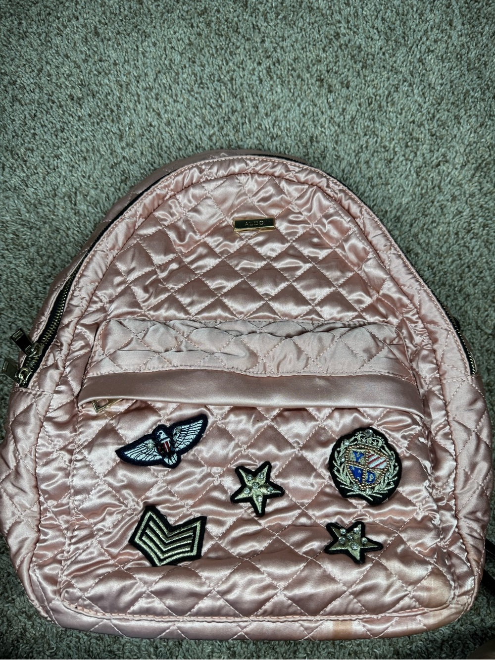 Aldo Quilted Blush Pink Satin Patch Backpack